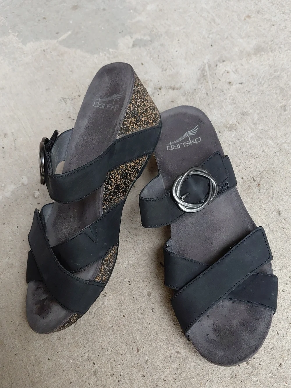 Dansko Black Leather Wedge Sandals with Cork-Textured Heel